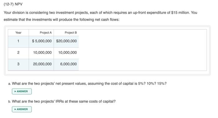 **Please use excel format for solving with equations** (12-7) NPV Your division