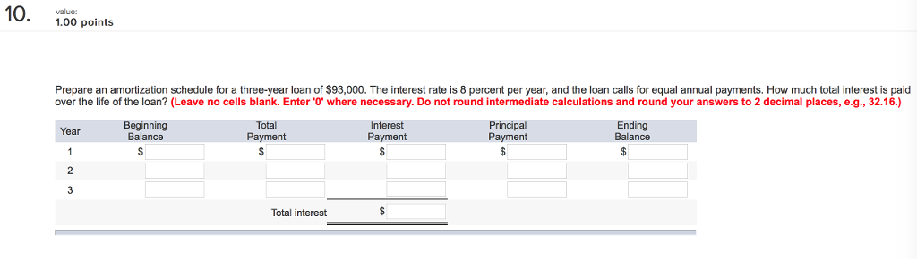  10. .00 points Prepare an amortization schedule for a three-year loan