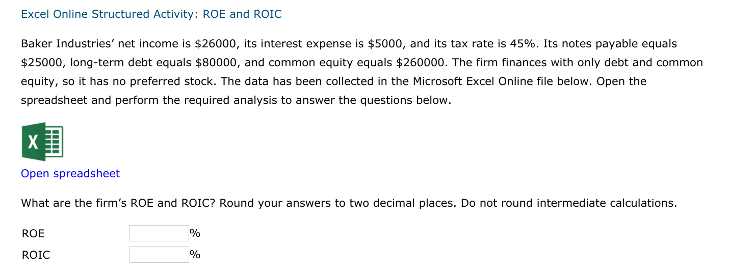 Excel Online Structured Activity: ROE and ROIC Baker Industries' net income