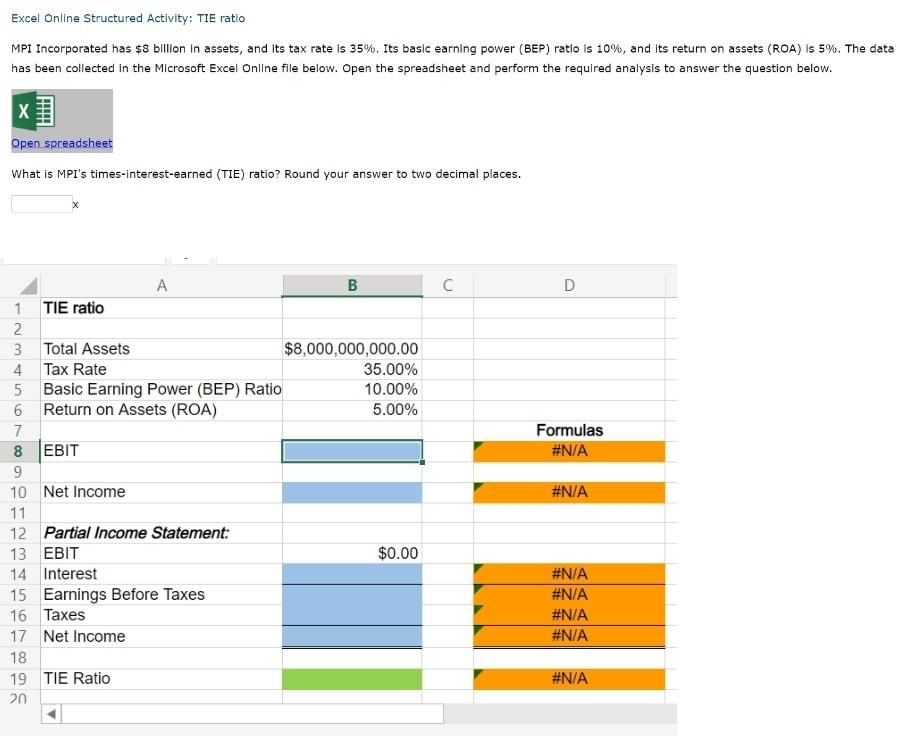  Excel Online Structured Activity: TIE ratio MPI Incorporated has $8 billion