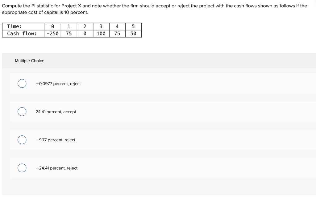  Compute the PI statistic for Project X and note whether the