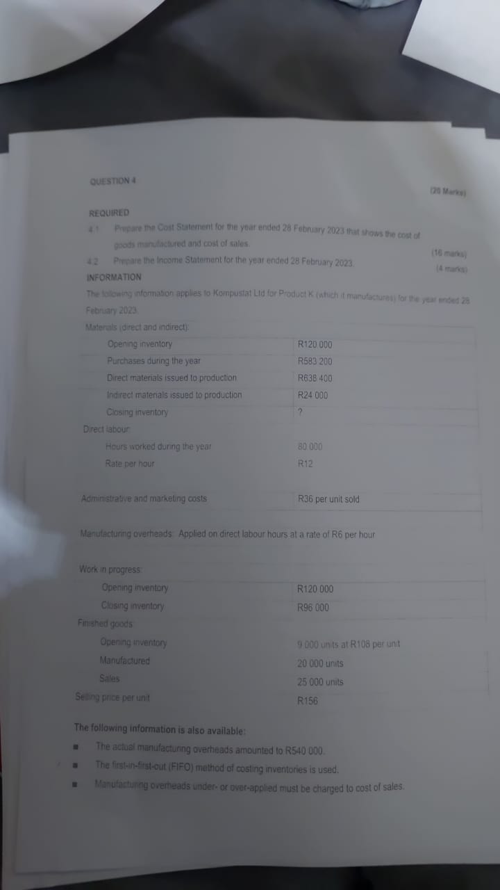  REQUIRED 4. Prosare the Coat Statement for the year ended 28