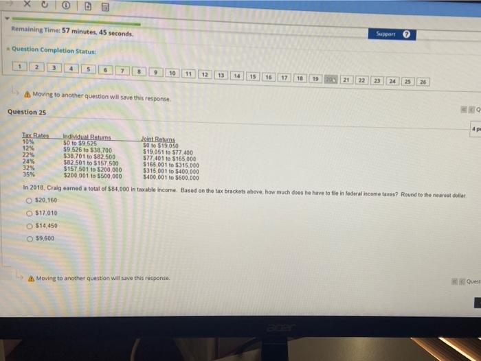  1 Remaining Time: 57 minutes 45 seconds Support Question Completion Status: