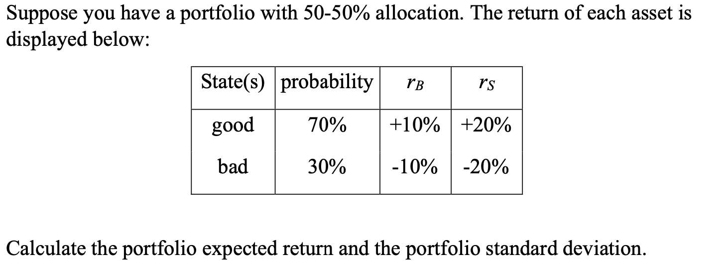 Suppose you have a portfolio with 50-50% allocation. The return of