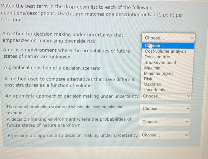  Match the best term in the drop-down list to each of