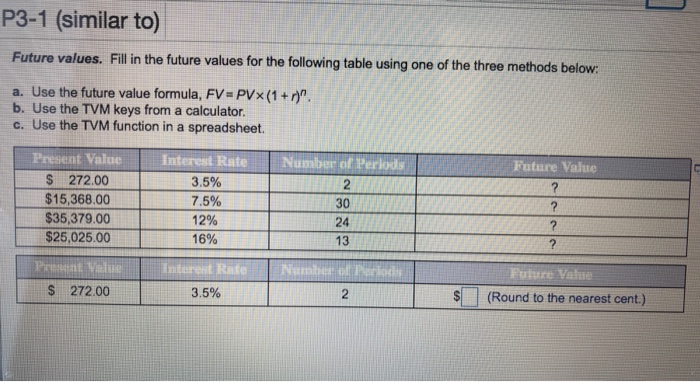  P3-1 (similar to) Future values. Fill in the future values for