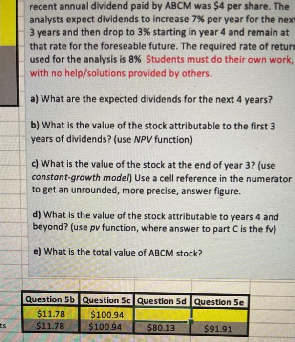 question help with 5d and 5e pls analysts expect dividends to increase