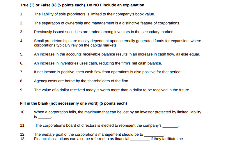 1. 2. 3. 4. True (T) or False (F) (5 points