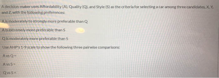  A decision-maker uses Affordability (A), Quality (Q), and Style (S) as