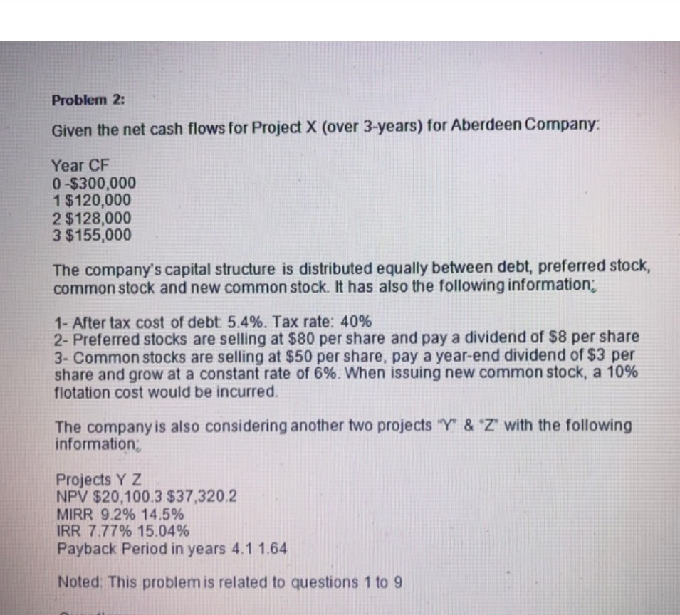 Problem 2: Given the net cash flows for Project X (over