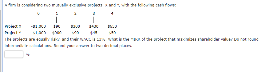 A firm is considering two mutually exclusive projects, X and Y, with