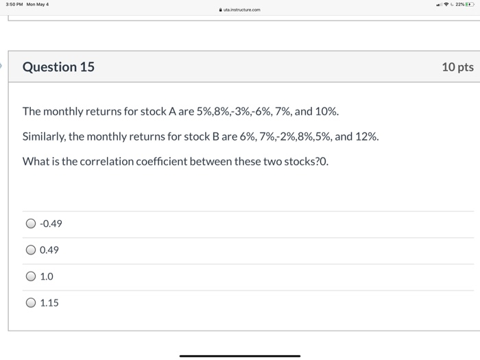  3:50 PM Mon May 4 22% ta instructure.com Question 15 10