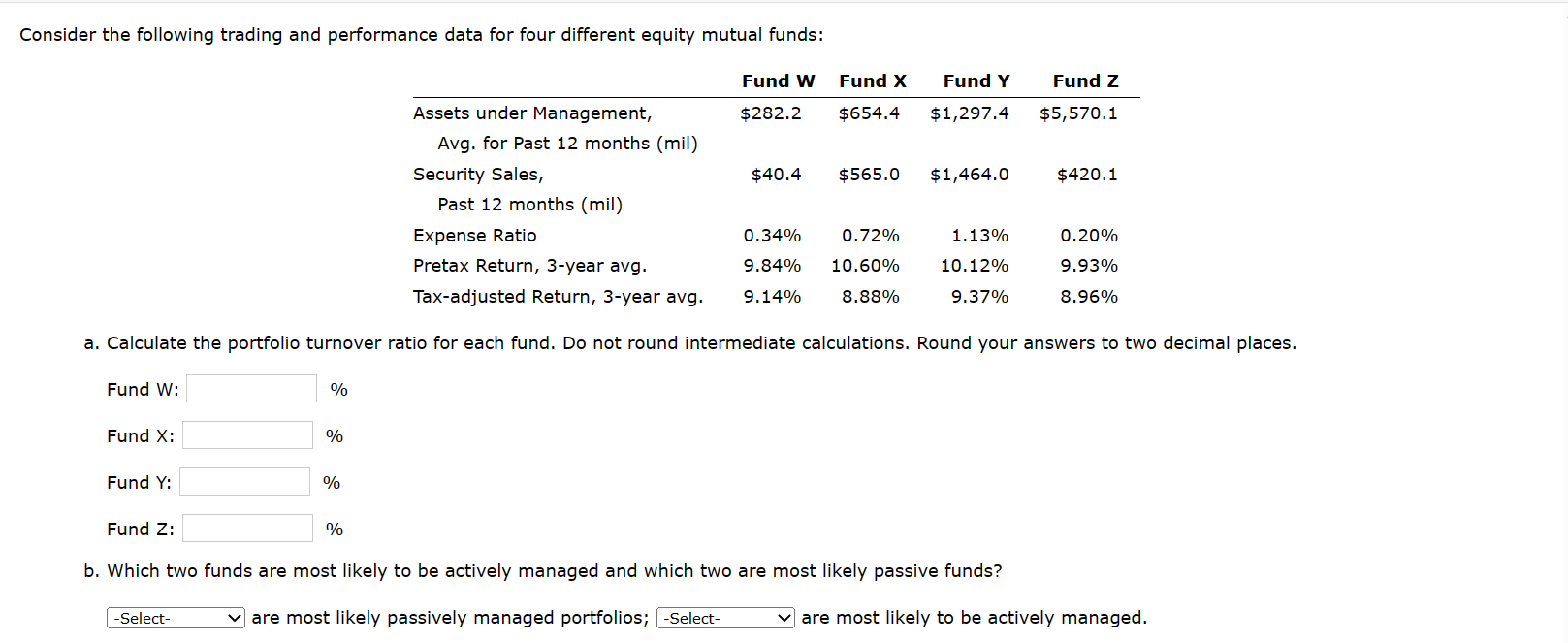  Consider the following trading and performance data for four different equity