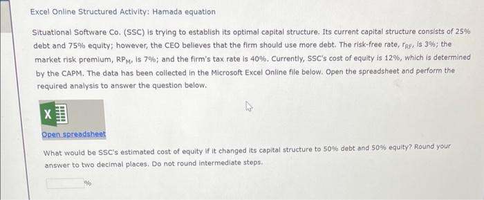  Excel Online Structured Activity: Hamada equation Situational Software Co. (SSC) is