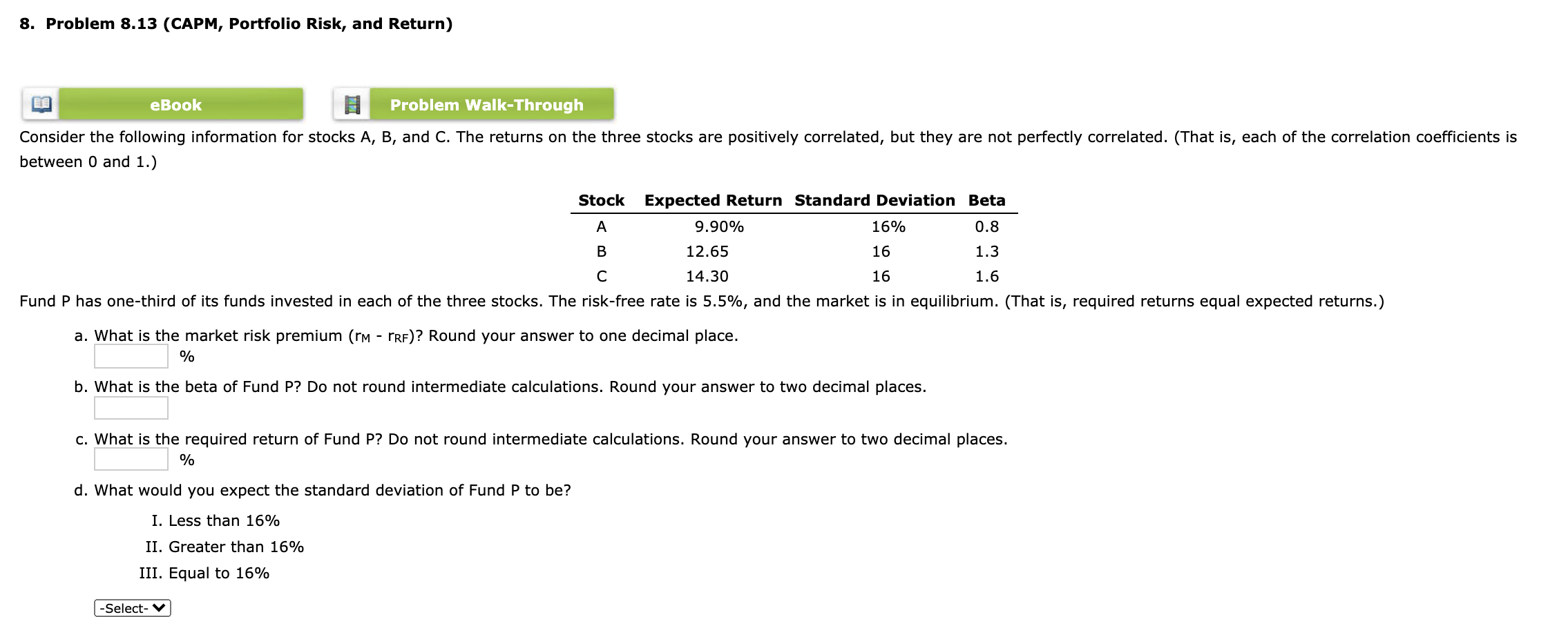 8. Problem 8.13 (CAPM, Portfolio Risk, and Return) eBook Problem Walk-Through