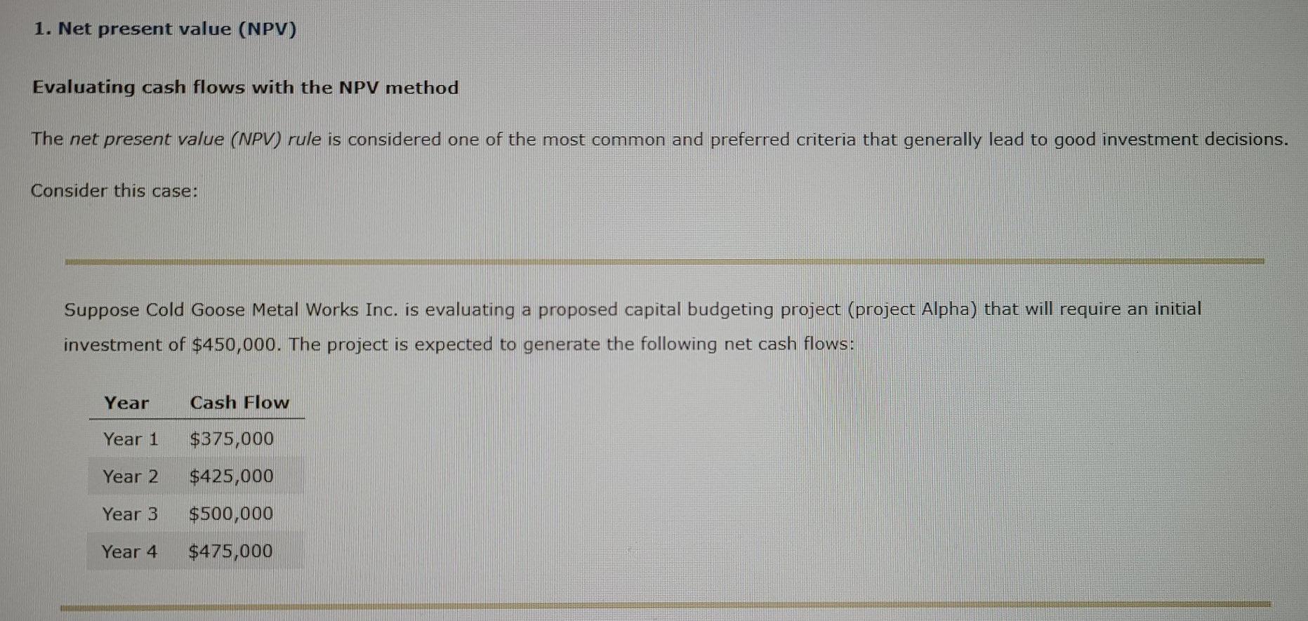  1. Net present value (NPV) Evaluating cash flows with the NPV