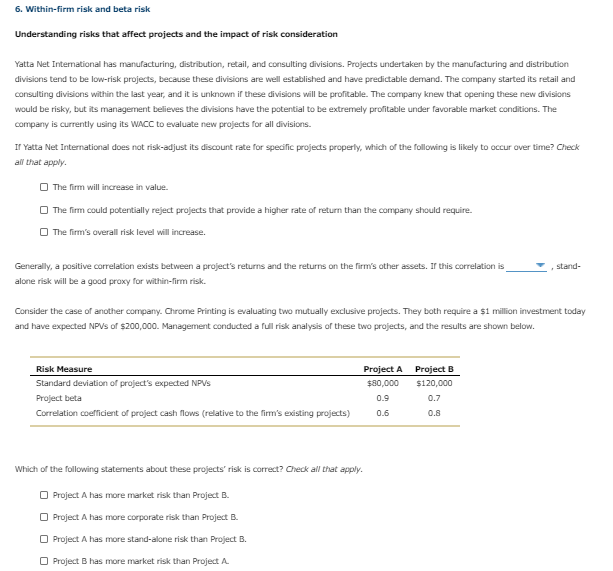 6. Within-firm risk and beta risk Understanding risks that affect projects