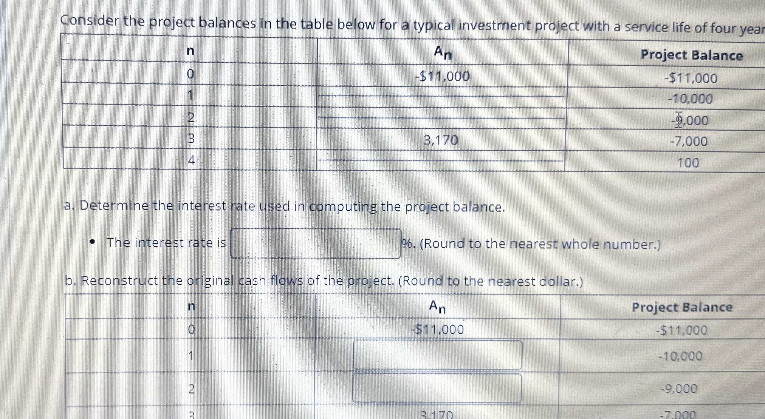  Consider the project balances in the table below for a typical