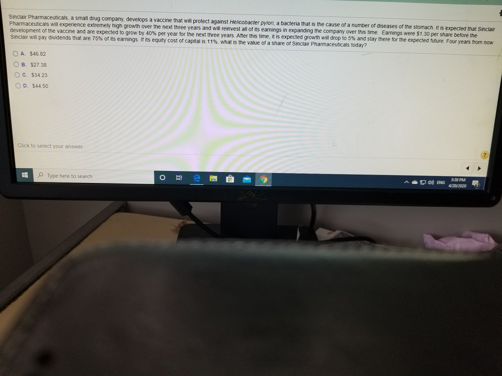 show work pls Sinclair Pharmaceuticals, a small drug company, develops a