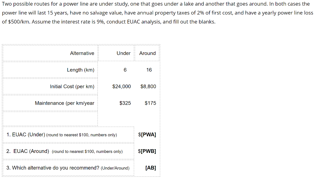 Use Excel to solve Two possible routes for a power line