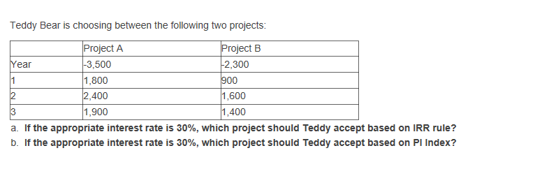 11 Teddy Bear is choosing between the following two projects: Project