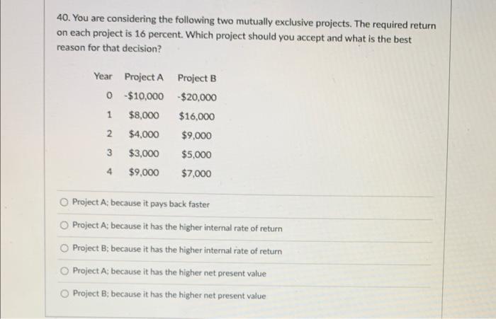  40. You are considering the following two mutually exclusive projects. The
