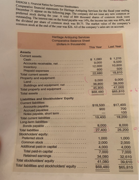  compute using the balance sheet provided EXERCISE 1: Financial Ratios for