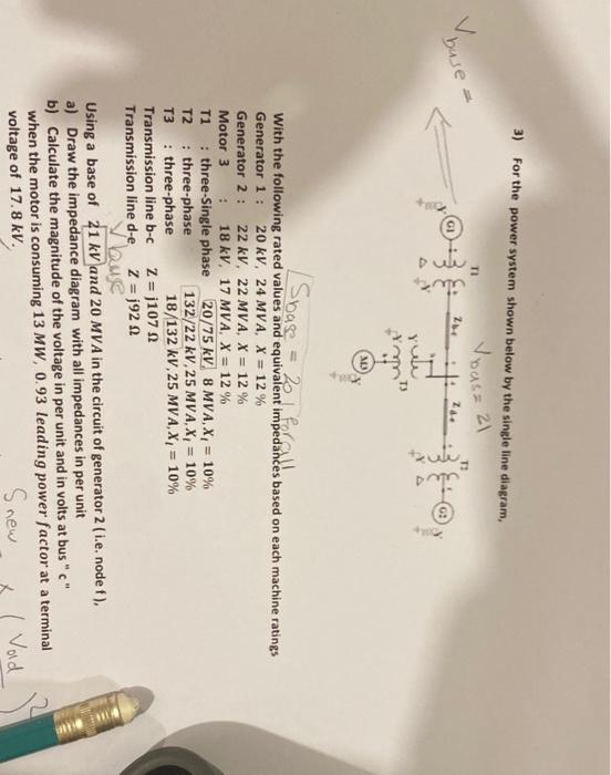  3) For the power system shown below by the single line