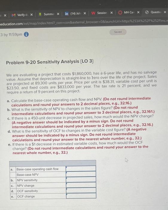  Problem 9-20 Sensitivity Analysis [LO 3] We are evaluating a project