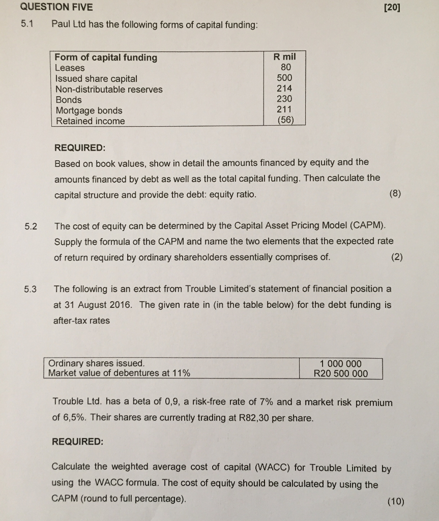  QUESTION FIVE [20] 5.1 Paul Ltd has the following forms of