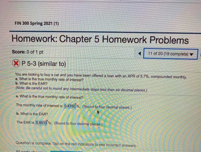  FIN 300 Spring 2021 (1) Homework: Chapter 5 Homework Problems Score: