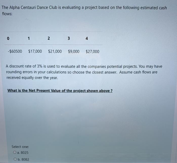  The Alpha Centauri Dance Club is evaluating a project based on