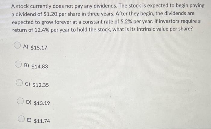 intrinsic value per share question A stock currently does not pay any
