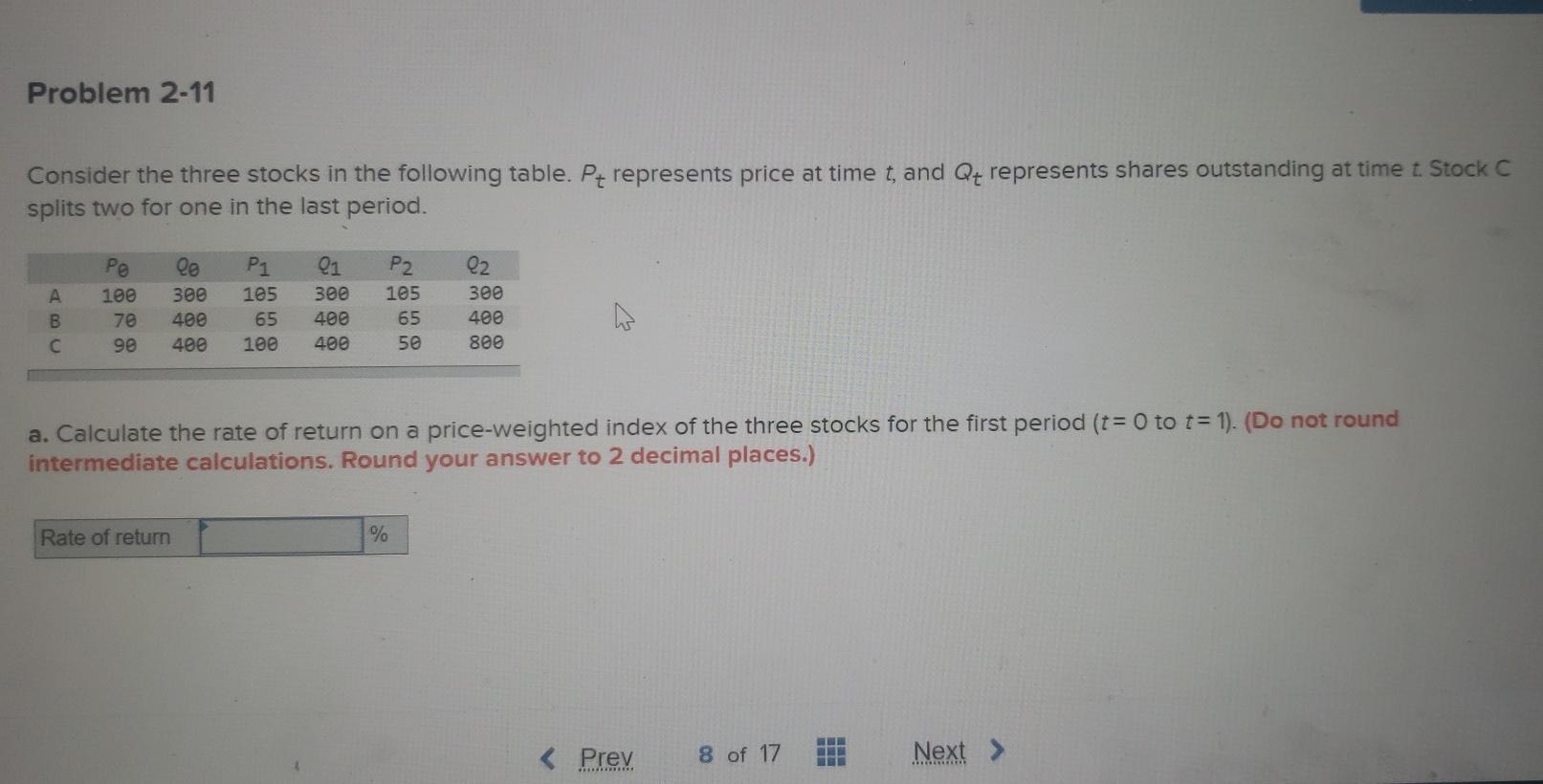Problem 2-11 Consider the three stocks in the following table. Pt