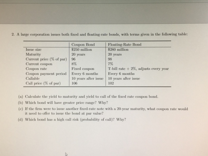  2. A large corporation issucs both fixed and floating-rate bonds, with