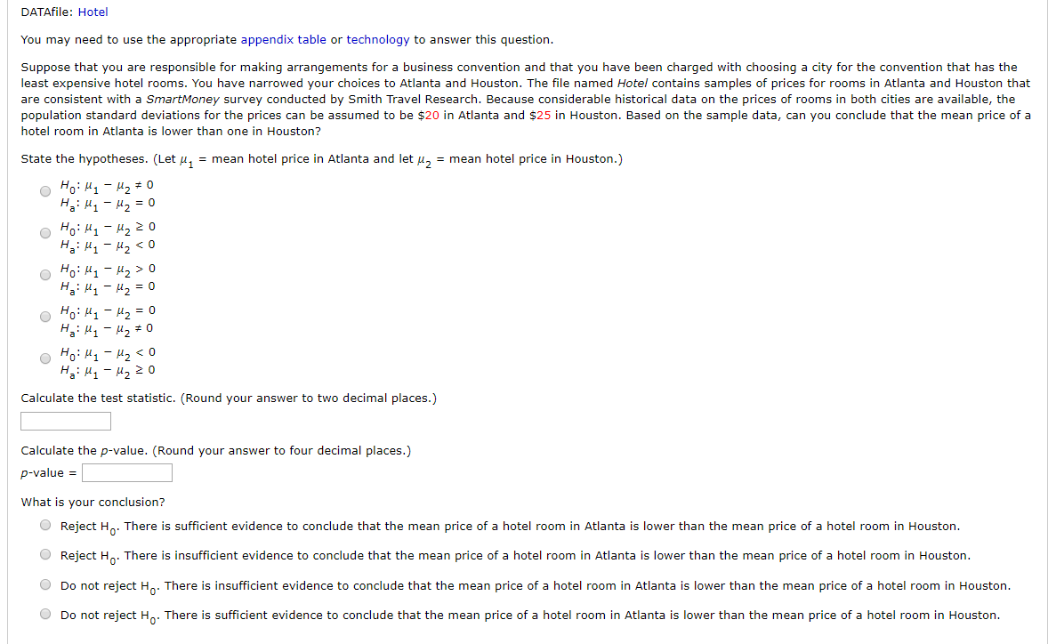 DATAfile: Hotel You may need to use the appropriate appendix table