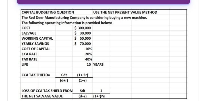  CAPITAL BUDGETING QUESTION USE THE NET PRESENT VALUE METHOD The Red