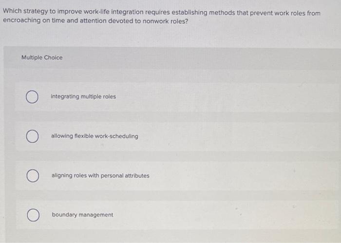  Which strategy to improve work-life integration requires establishing methods that prevent
