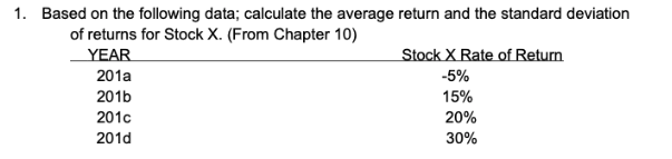  1. Based on the following data; calculate the average return and