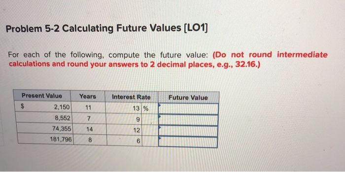  Problem 5-2 Calculating Future Values (LO1] For each of the following,