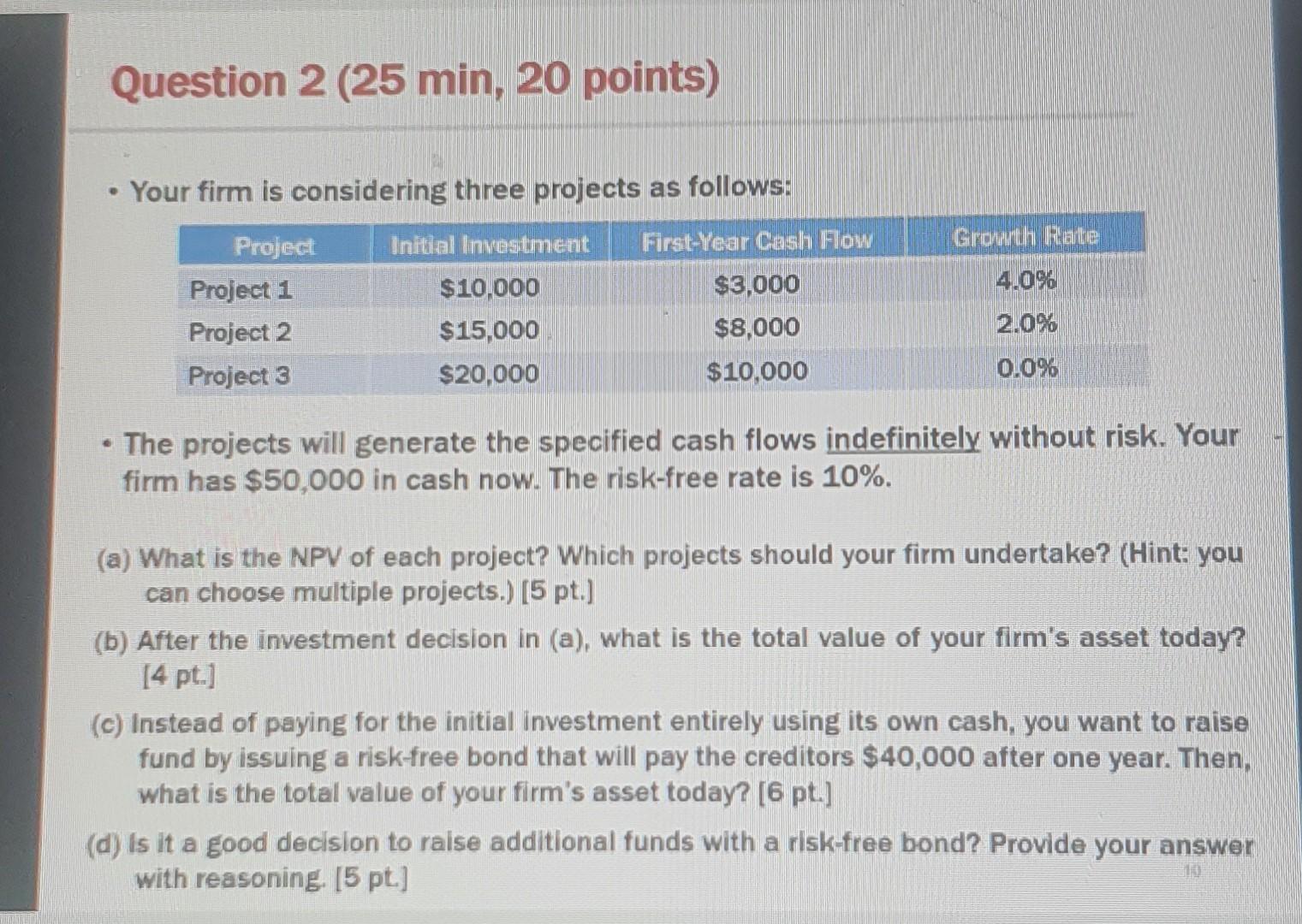  this one Question 2 (25 min, 20 points) Your firm is