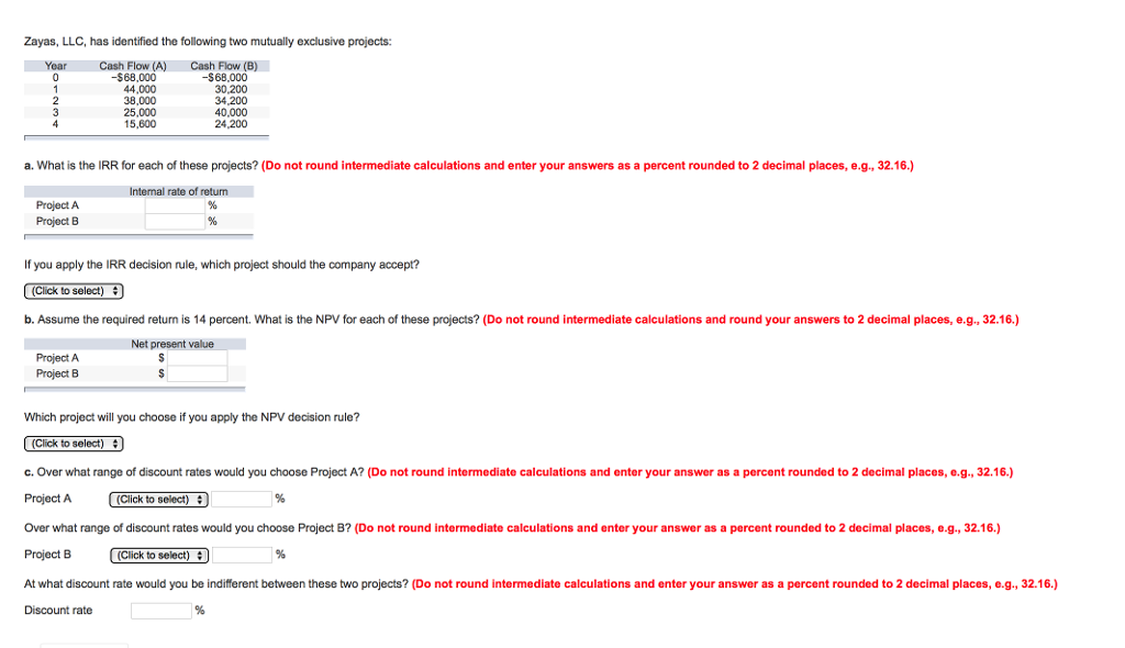  Zayas, LLC, has identified the following two mutually exclusive projects: YearCash