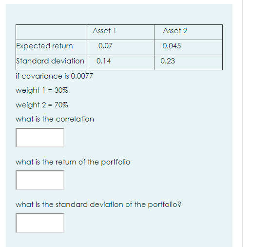 USE FOUR DIGIT NUMBERS Asset 1 Asset 2 Expected return 0.07