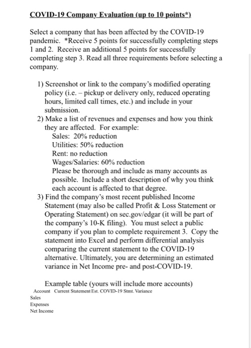please read before solving COVID-19 Company Evaluation (up to 10 points*) Select