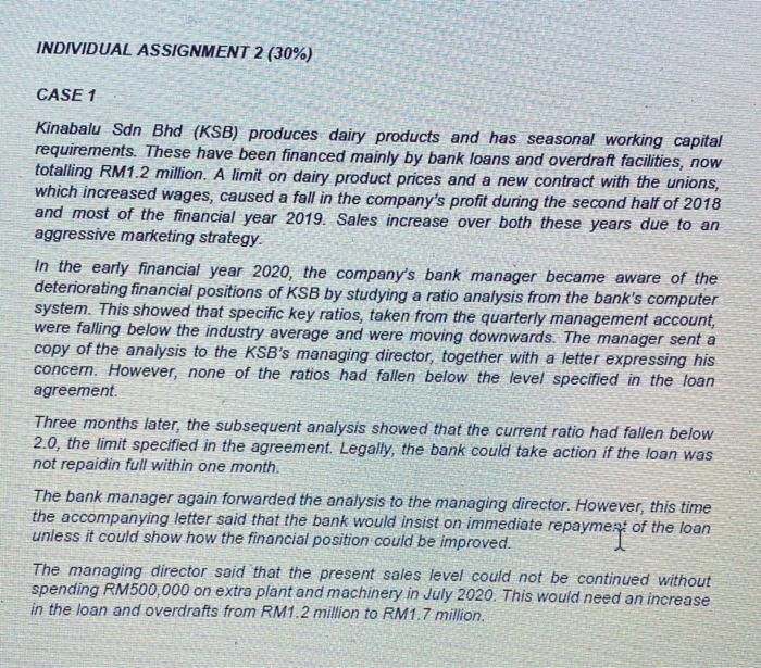 INDIVIDUAL ASSIGNMENT 2 (30%) CASE 1 Kinabalu Sdn Bhd (KSB) produces