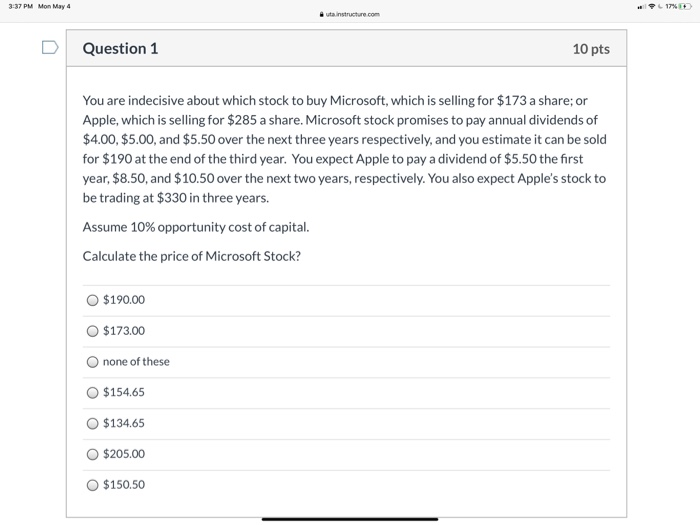 3:37 PM Mon May 4 17% ut instructure.com Question 1 10