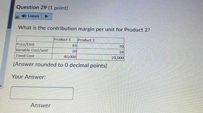  Question 29 (1 point) Listen What is the contribution margin per