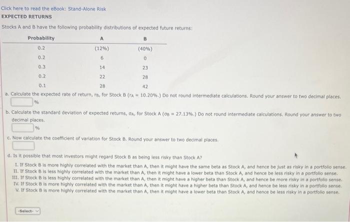  Click here to read the eBook: Stand-Alone Risk EXPECTED RETURNS Stocks