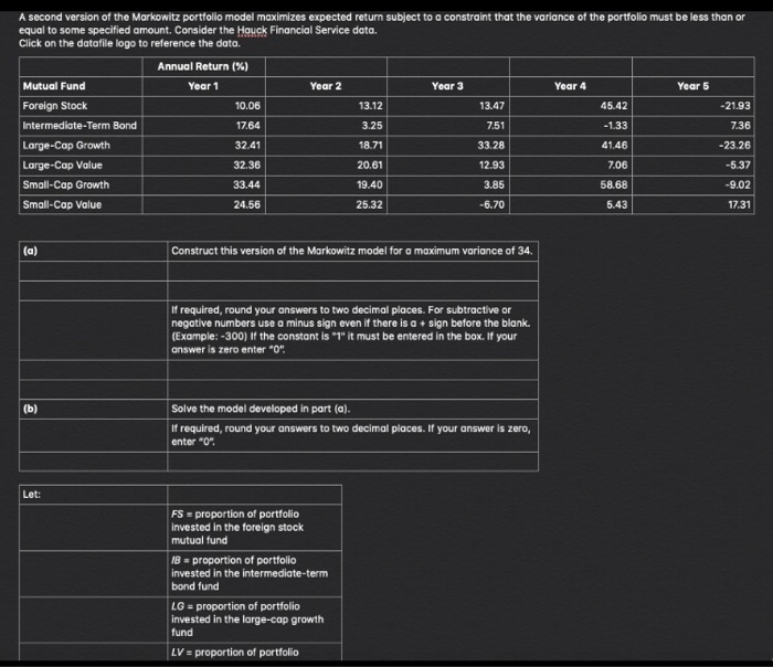  A second version of the Markowitz portfolio model maximizes expected return