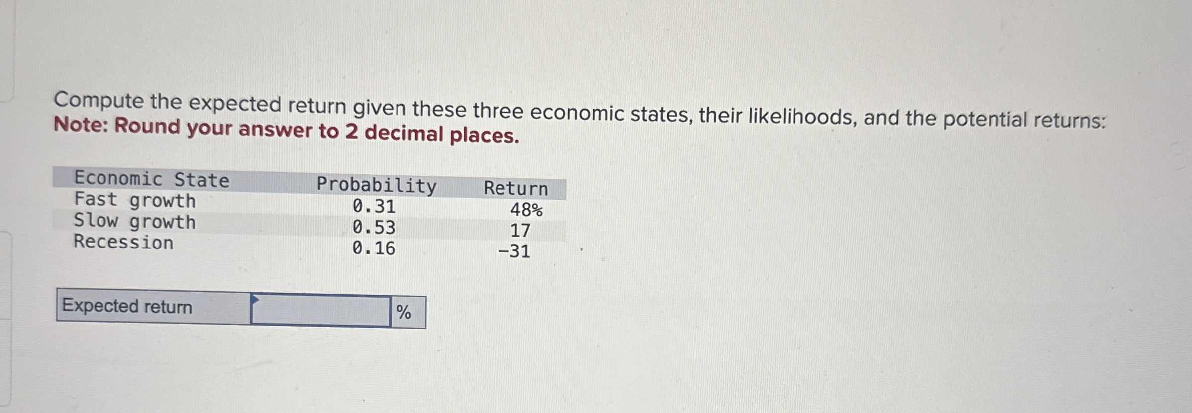  Compute the expected return given these three economic states, their likelihoods,